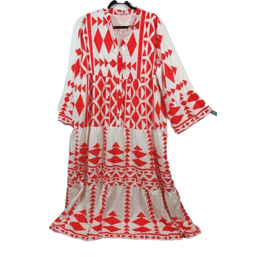 Agnes Orinda Orange White Geometric Print Bell Sleeve Button Down Maxi Dress 3X